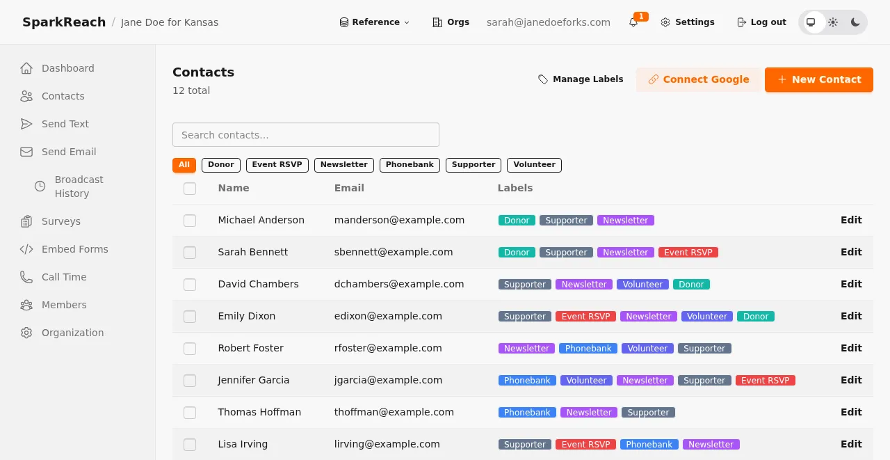 The SparkReach contacts list, with search and segment filters
